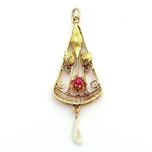 Antique 10K Gold Art Nouveau Ruby &amp; Fresh Water Pearl Lavalier Pendant - £118.95 GBP