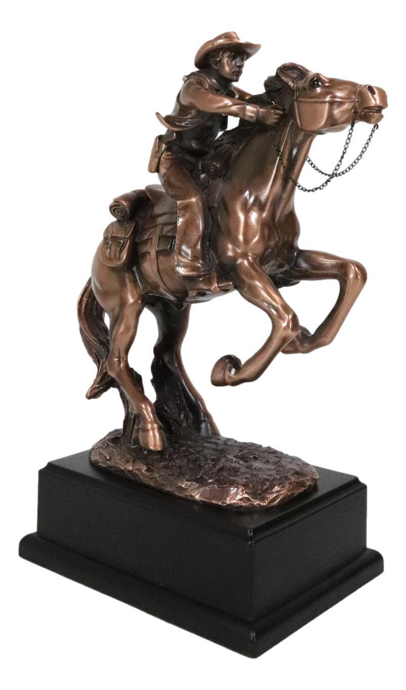 Rustic Western Wild Cowboy Bracing On A Galloping Horse Bronzed Resin Statue Item image 4