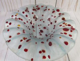 Fused Glass Round Bowl Frosted Clear with Red Dots Confetti 6.25&quot; Wavy E... - £9.39 GBP