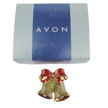 Vintage Avon Christmas Brooch Pin Double Bell Gold Glitter Enamel Estate... - $4.99