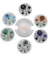 Multi Inlay Floral White Marble Round Coasters Home & Kitchen Decor Gift E1977 - $251.37