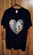 Handmade Hanes  Large Black T-shirt With Holographic Print Heart With Do... - $17.82