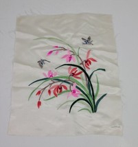 VTG Antique Asian Silk Embroidered Textile Flowers Floral Butterfly Art 10.5X9 - £22.86 GBP