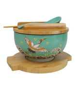 Turquoise Japanese Crane Donburi Ramen Bowl With Lid Trivet Spoon Chopst... - $54.66 CAD