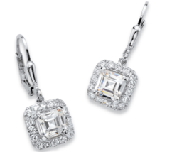 PRINCESS CUT CZ HALO DROP EARRINGS PLATINUM STERLING SILVER LEVER BACK E... - £119.56 GBP