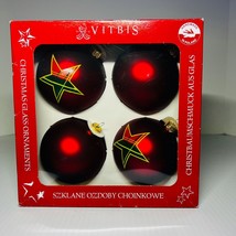 Christmas Ornaments Red Ball Plaid Stars Vitbis Handmade In Poland Set Of 4 - $29.70