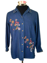 Bobbie Brooks Top Womens Size Medium Blue Denim Embroidered Flowers Button Front - £15.76 GBP