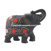 Black Marble Elephant Statue Carnelian Inlay Stone Home Decor Occasion Gift E34 - £311.06 GBP