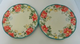 Pioneer Woman Dinner Plates Vintage Floral Teal Trim Geometric Flowers Qty Two - £15.56 GBP