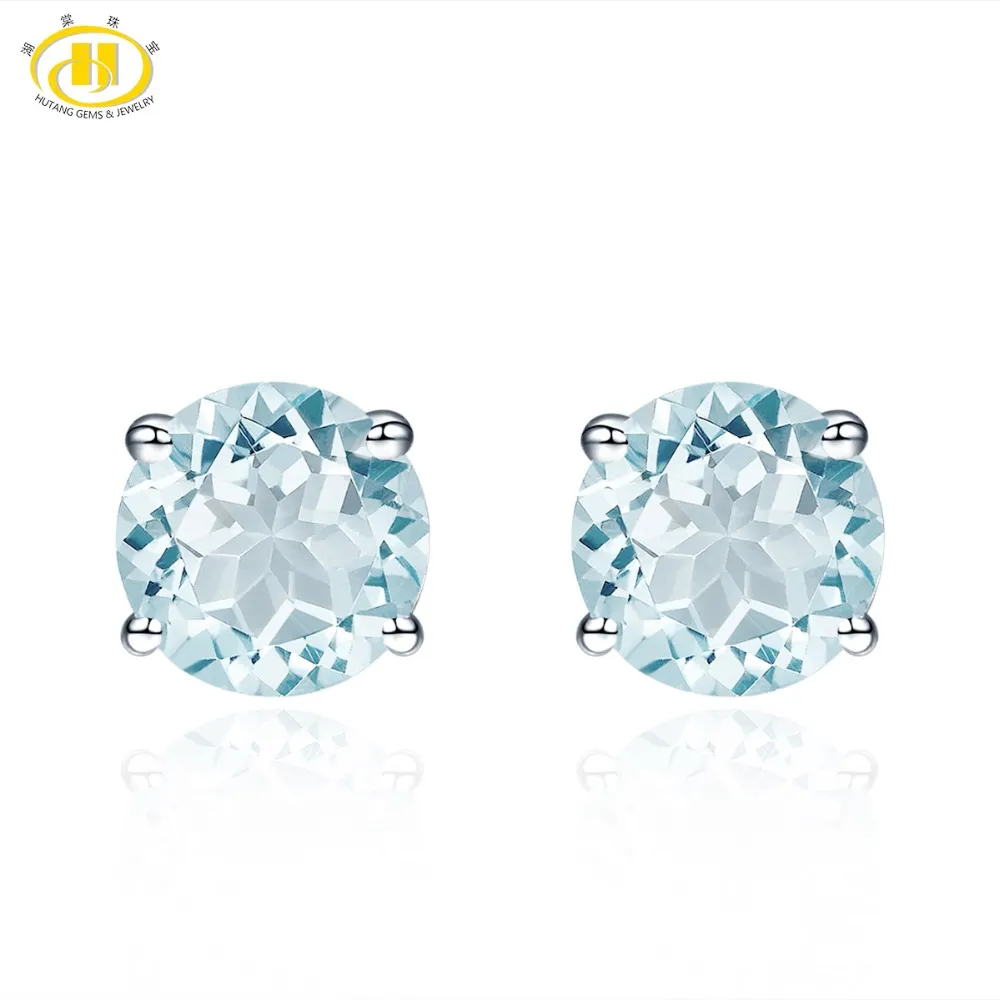 Stone Jewelry 1.4ct Natural Aquamarine Round 6Stud Earrings Solid 925 Sterling S - £45.86 GBP