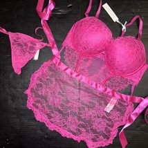 Victoria&#39;s Secret S,M,L Bombshell Apron Teddy Babydoll Set+Thong Hot Pink Lace - £79.12 GBP