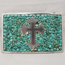 Vintage Belt Buckle Unisex Turquoise Cross Crushed Rhinestones Nocona Bu... - £49.68 GBP