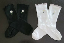 Two (2) Pair ~ Black &amp; White ~ Womens&#39; One Size ~ Embroidered Flower Cre... - £11.93 GBP