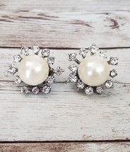 Vintage Clip On Earrings - Faux Pearl with Clear Gem Halo - Statement Earrings - £11.94 GBP