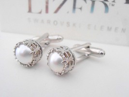 Pearl Cufflinks / Swarovski Crystal Cufflinks / Art Deco Bridal Cuff Links / Sui - £27.97 GBP