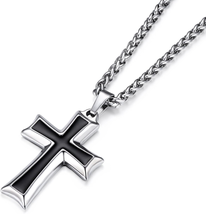 HZMAN Mens Stainless Steel Cross Pendant Necklace with Wheat Chain - £15.73 GBP