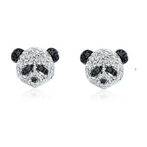 Oval Black &amp; White Panda Head Stud Earrings 1/5CT Cubic Zirconia Sterling Silver - £35.29 GBP