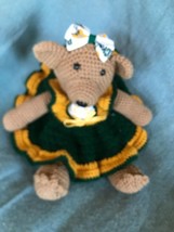 Handmade Brown Crocheted Stuffed Teddy Bear w Green Bay Packer Dress &amp; Bow on He - £15.14 GBP