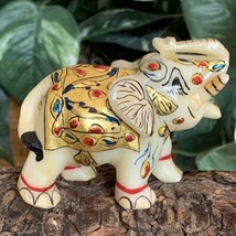 Marble Elephant Statue Trunk Up Hand Painted Indian Art home Decor Sculpture 3&quot; - $46.84