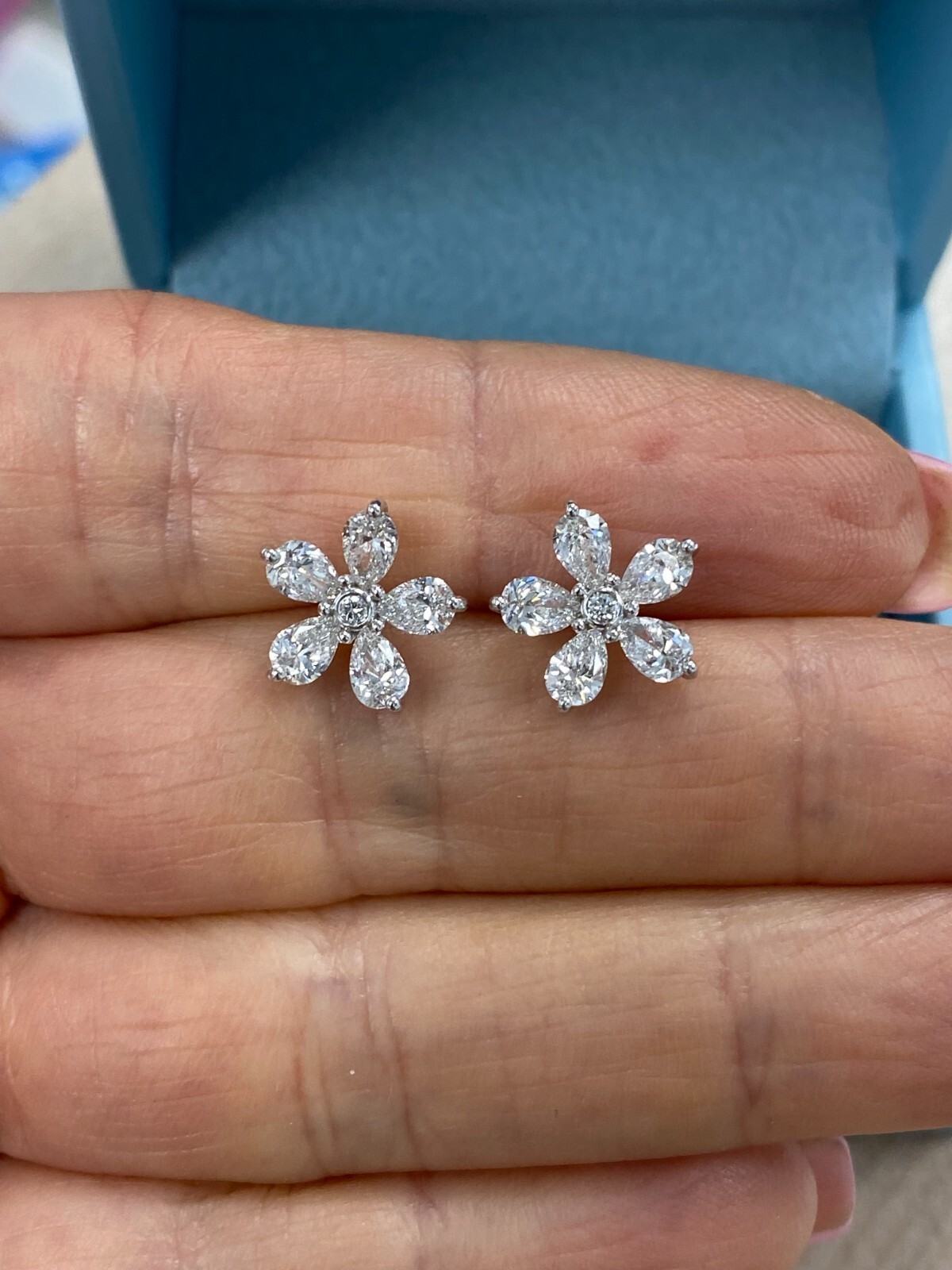 1.50Ct Floral Stud Lab Grown Pear Shaped Diamond Cluster Earrings 14K White Gold Item image 5