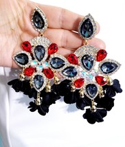 Oversized Chandelier Earrings, Rhinestone Clip On Earrings, Gray Red Drop Pagean - £36.38 GBP