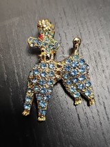 Vintage Poodle Dog Brooch Pin Blue Rhinestone Gold Tone Costume Jewelry - £19.46 GBP