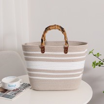 Bamboo Handle Women Handbags Cotton Thread Woven Tote Summer Stripe Beach Bags F - £64.32 GBP