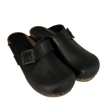 SANITA Womens Black Leather Wood Heel Clogs Mules Danish Shoes Sz 38 / 7 US - £29.92 GBP