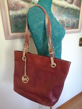 Michael Kors Leather Satchel Brown Red Ombre Shade with Crochet Shoulder... - $45.99