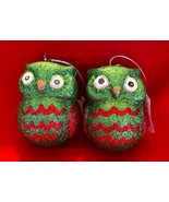 2 Kirklands Green Glittered Owl Christmas Ornaments 3.5&quot; Tall w Tags - $14.84