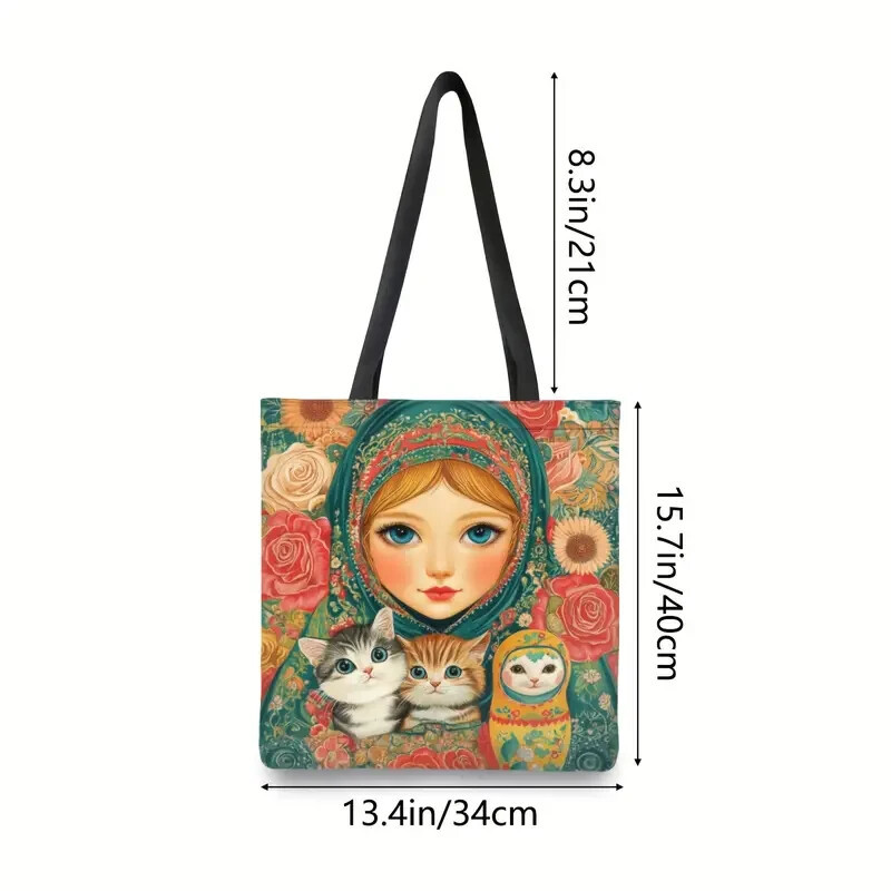 Russian Girl Cats Shoulder Bag Matryoshka Doll Print Tote Bag Folk Art Gift NEW Item image 3