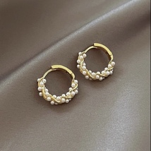 18K Gold Plated White Pearl Hoop Earrings for Women - £7.84 GBP