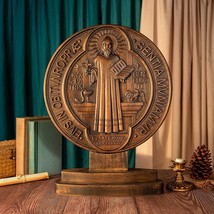 Saint Benedict Double-Sided Wooden Carved Tabletop Plaque 14&quot;×12&quot; - $119.00+