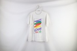 Vintage 80s Mens Medium Spell Out Rainbow Love Pride Postal Stamp T-Shirt USA - £47.44 GBP
