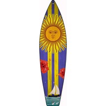 Sailboat With Sun And Yellow Stripes Novelty Mini Metal Surfboard Sign MSB-331 - £13.54 GBP