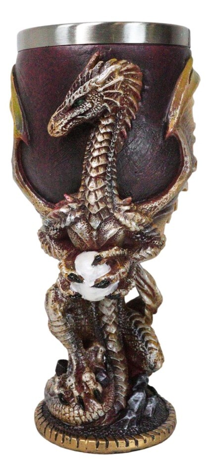 Ebros Maroon And Gold Medieval Dragon Wyvern Holding Egg Wine Goblet Cha... - $29.99
