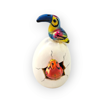 Hatched Egg Pottery Bird Blue Toucan Pink Parrot Mexico Hand Painted 237 - £11.82 GBP