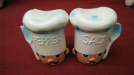 Vintage Japan Chef Head Salt and Pepper Shakers Fork Spoon  - £51.71 GBP