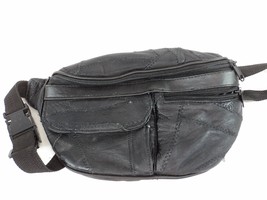 Vintage Black Genuine Leather Fanny Pack Retro 3 Zippered Compartments - £15.21 GBP