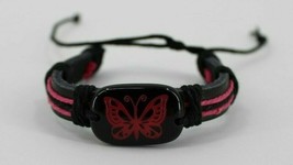Best Friend Tribal Bracelet Black Leather Cuff Dark Pink Butterfly Adjustable - £6.24 GBP
