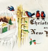 Merry Christmas Greeting Card 1916 Happy New Year Embossed Birds Swallow... - €17,11 EUR