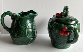 Lefton Green Holly Berry Christmas Creamer &amp; Sugar Bowl Embossed Holiday - $25.00