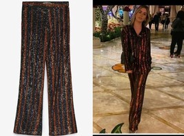 Nwt Zara High Waist COPPER/BLACK Stripe Sequinned Flared Trousers Xs - £71.93 GBP