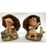 Napcoware Tiny Tots Porcelain 2 Figures Girl &amp; Boy Under Umbrella Turtle... - £12.57 GBP