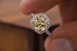 2.0 CT Cushion Cut Yellow Moissanite Engagement Ring, Pave Four Prong Set Ring - £109.93 GBP
