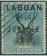Malaysia Labuan 1896 SG84d 2c black blue Stag LABUAN at top 1846 JUBILEE... - $15.37