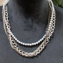 Womens Fashion Multi-Layered Silver Tone Chain Collar Necklace w/ Lobster Clasp - £21.02 GBP