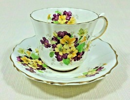 Vintage Old Royal Bone China Tea Cup and Saucer Yellow Purple Flowers Gold Trim - £28.43 GBP
