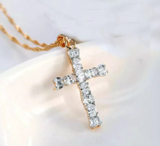 1.50Ct Round Cut Moissanite Cross Pendant 14K Yellow Gold Plated Silver Chain - £91.19 GBP
