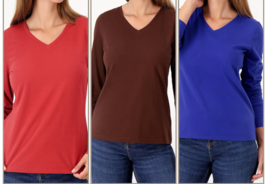 Denim &amp; Co. 3-Pack Jersey Long Sleeve V-Neck Tops- Red/Coffe/Blue,  XXS - £27.66 GBP